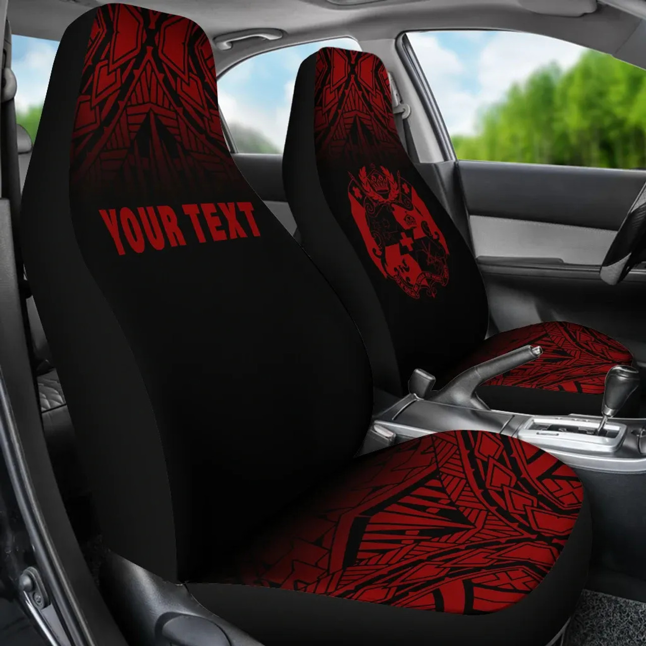 Tonga Custom Personalised Car Seat Covers - Tonga Coat Of Arms Polynesian Tattoo Fog Deep Red