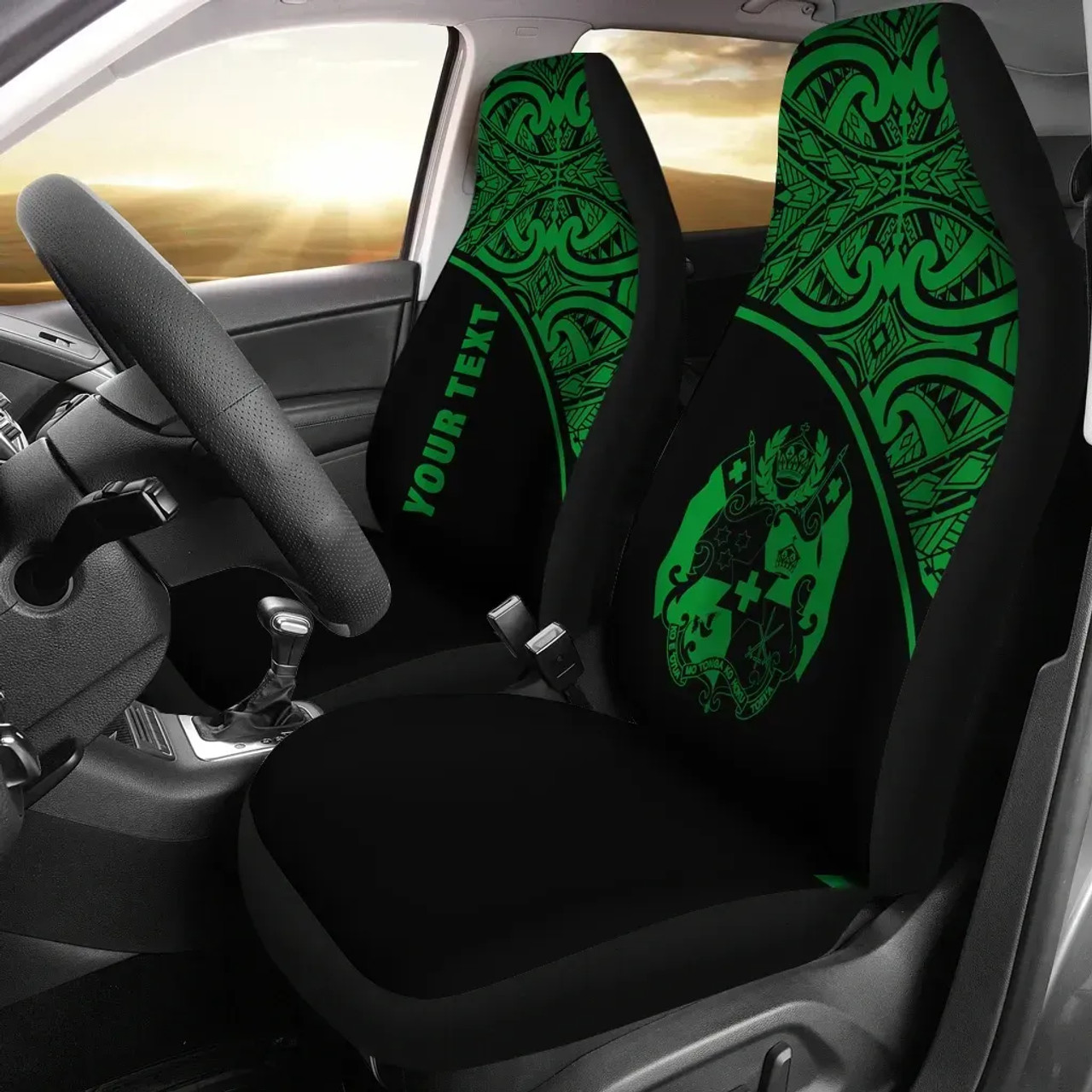 Tonga Custom Personalised Car Seat Covers - Tonga Coat Of Arms Polynesian Green Curve