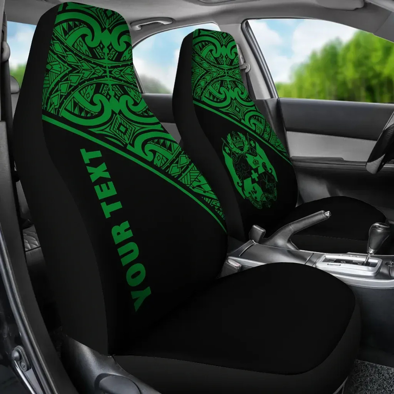 Tonga Custom Personalised Car Seat Covers - Tonga Coat Of Arms Polynesian Green Curve