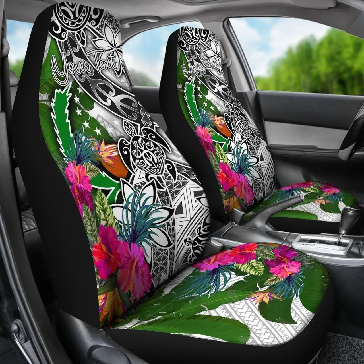 Pohnpei Custom Personalised Car Seat Covers White - Turtle Plumeria Banana Leaf
