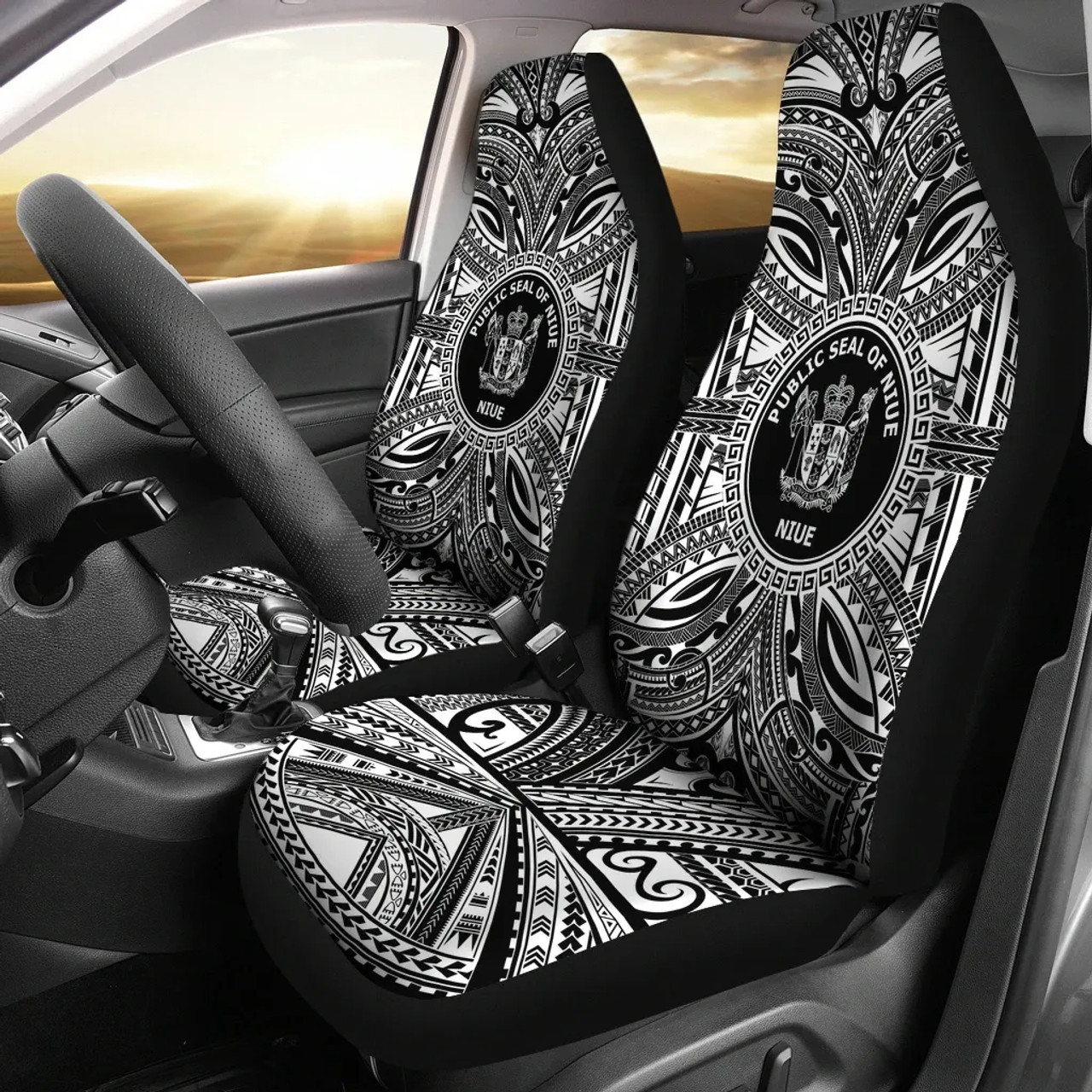 Niue Car Seat Cover - Niue Coat Of Arms Polynesian White Black