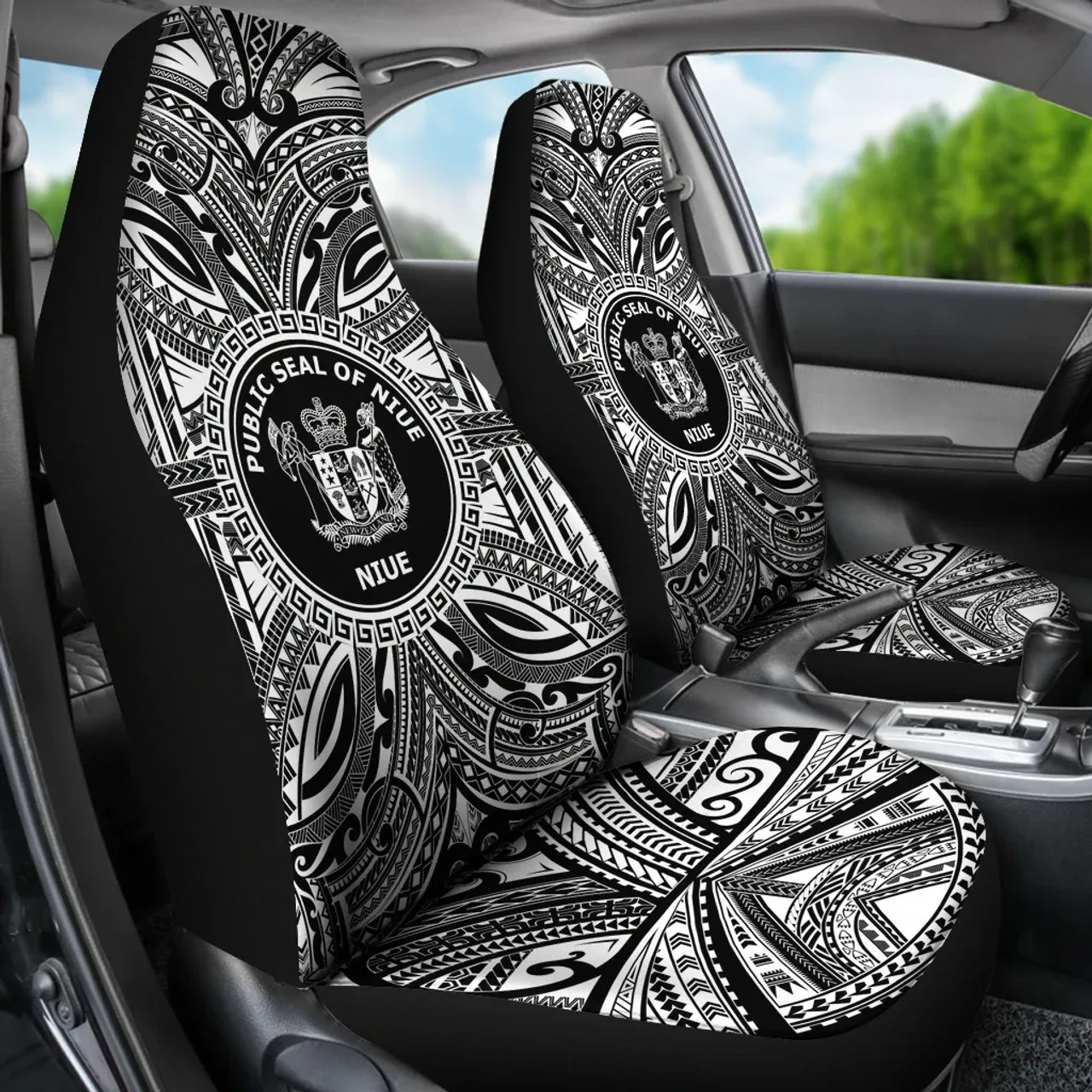 Niue Car Seat Cover - Niue Coat Of Arms Polynesian White Black