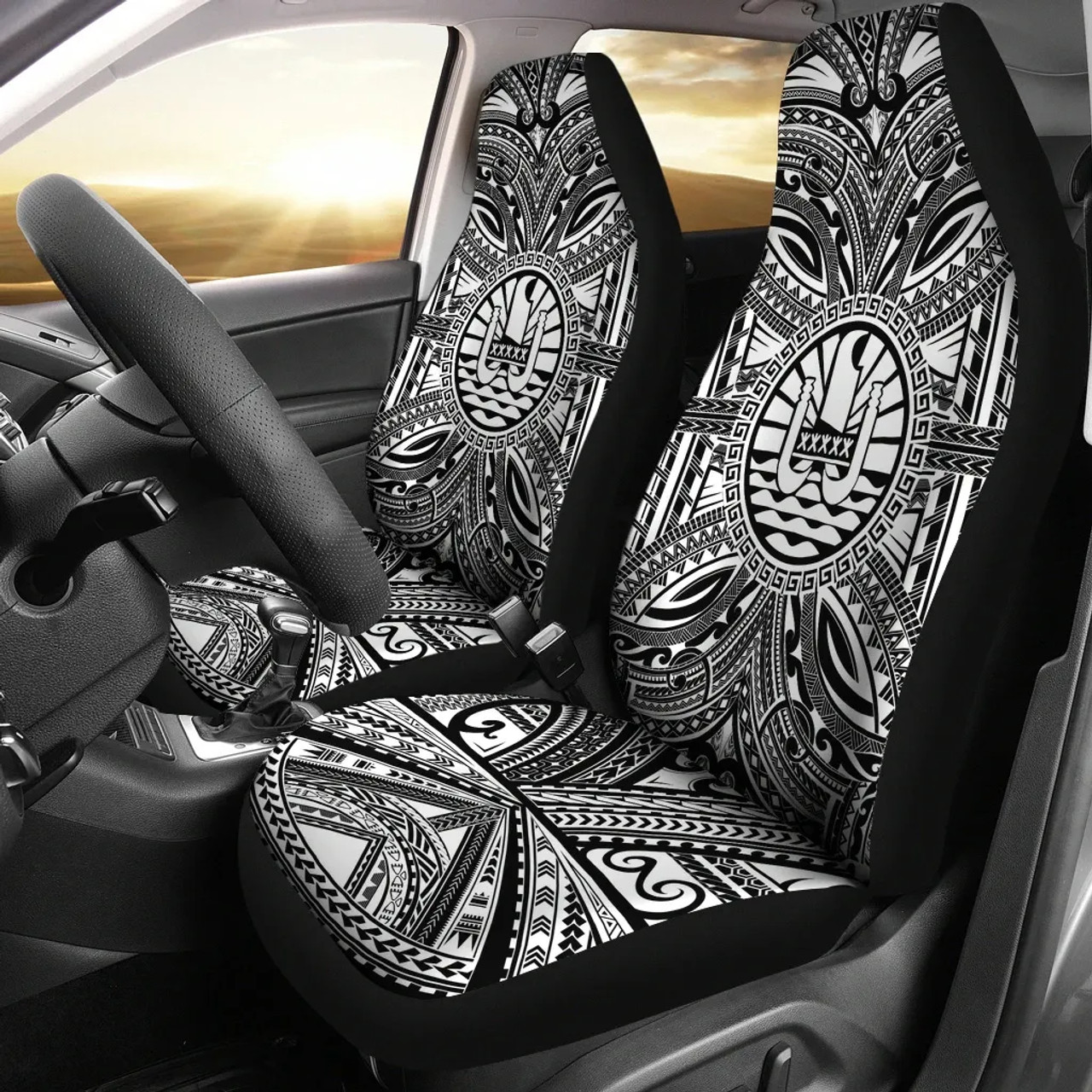 Tahiti Car Seat Cover - Tahiti Coat Of Arms Polynesian White Black
