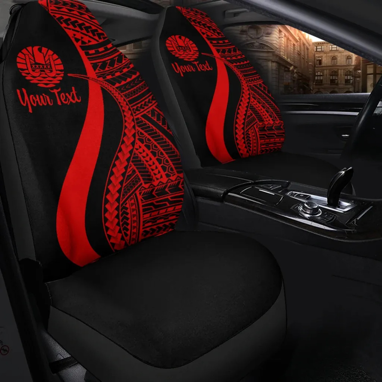 Tahiti Custom Personalised Car Seat Covers - Red Polynesian Tentacle Tribal Pattern