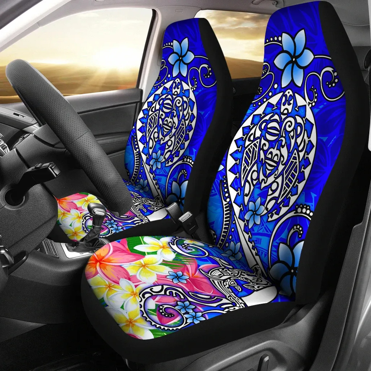 Polynesian Car Seat Covers - Turtle Plumeria Blue Color