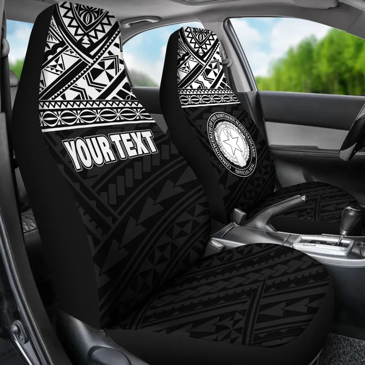 Northern Mariana Islands Custom Personalised Car Seat Covers - CNMI Seal Polynesian White Horizontal