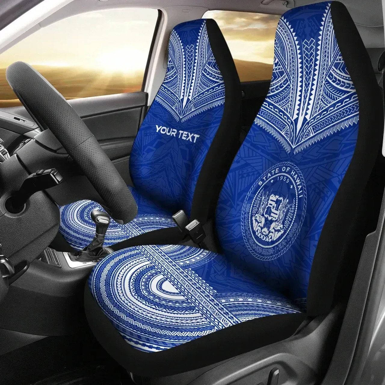 Hawaii Custom Personalised Car Seat Cover - Hawaii Seal Polynesian Chief Tattoo Blue Version