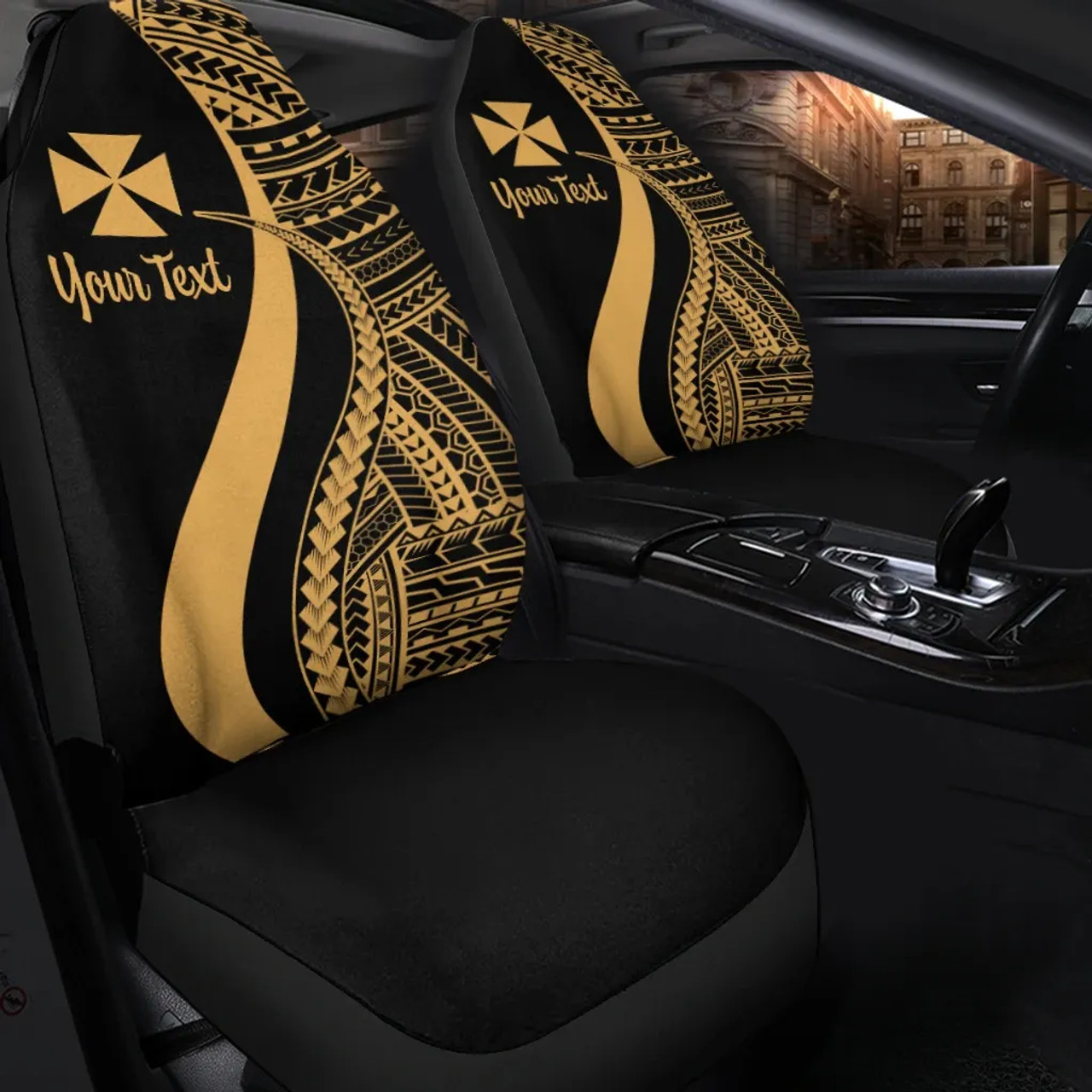 Wallis And Futuna Custom Personalised Car Seat Covers - Gold Polynesian Tentacle Tribal Pattern