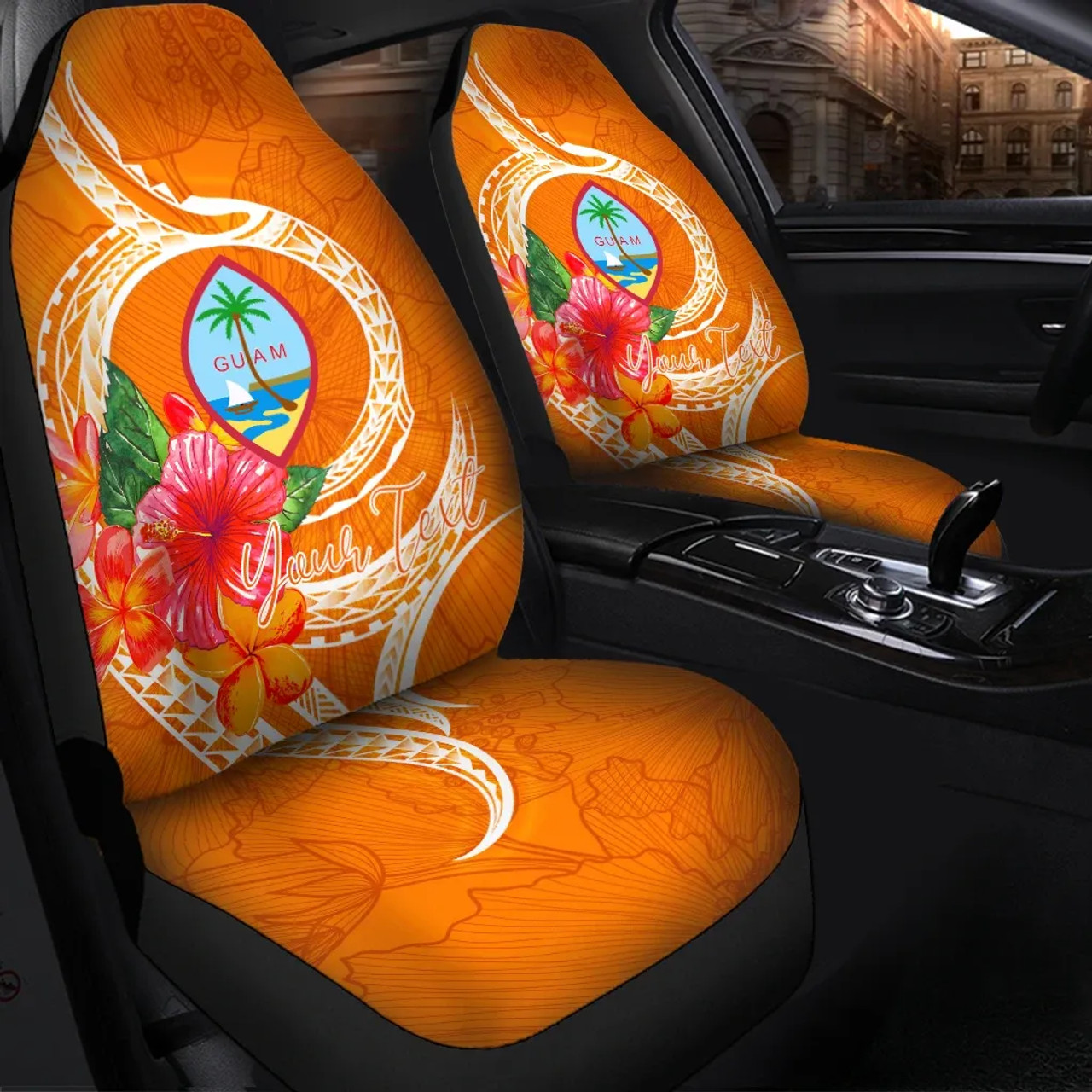 Guam Polynesian Custom Personalised Car Seat Covers - Orange Floral With Seal