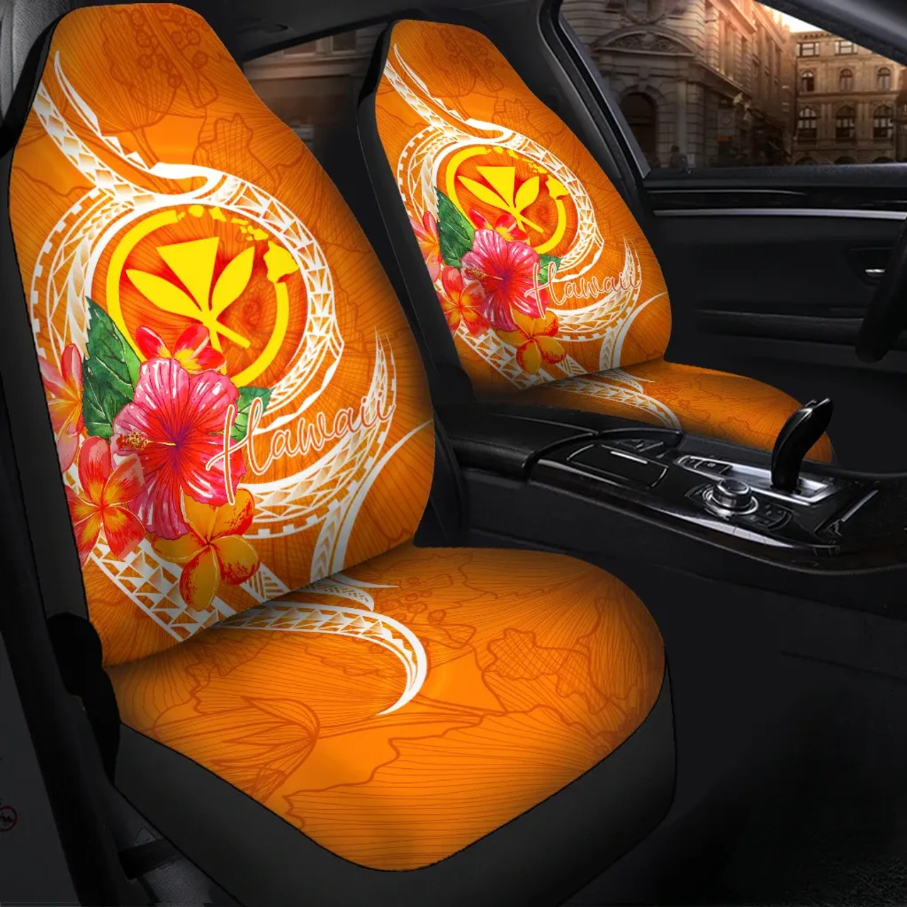 Hawaii Polynesian Car Seat Covers - Orange Floral With Seal
