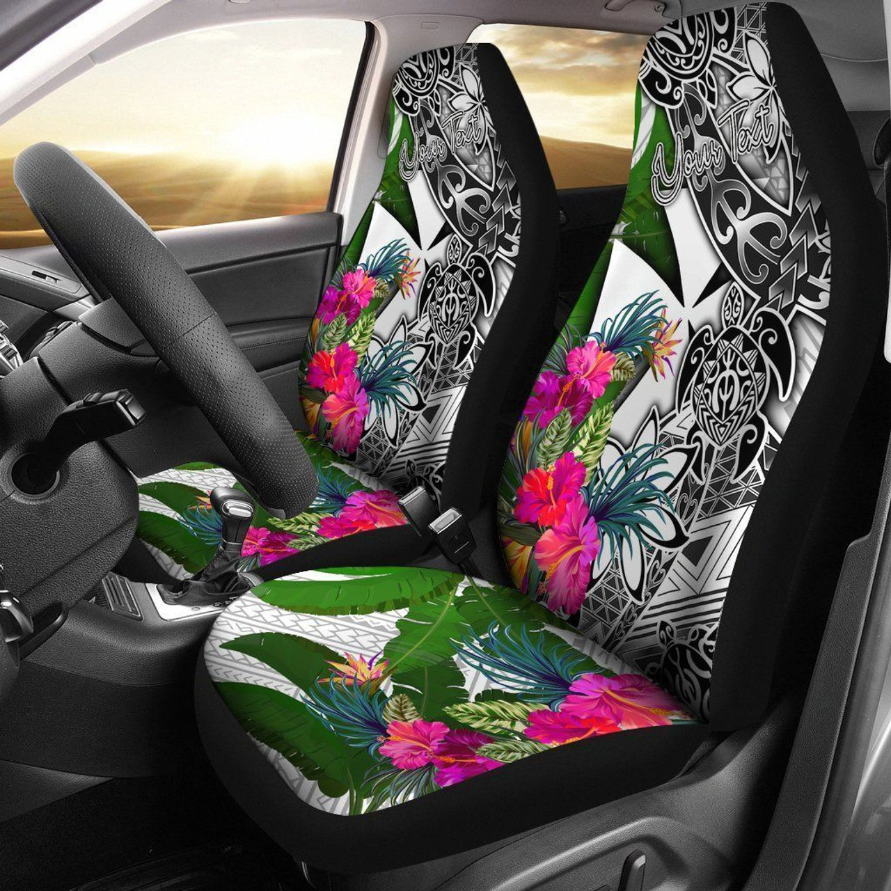 Wallis And Futuna Custom Personalised Car Seat Covers White - Turtle Plumeria Banana Leaf