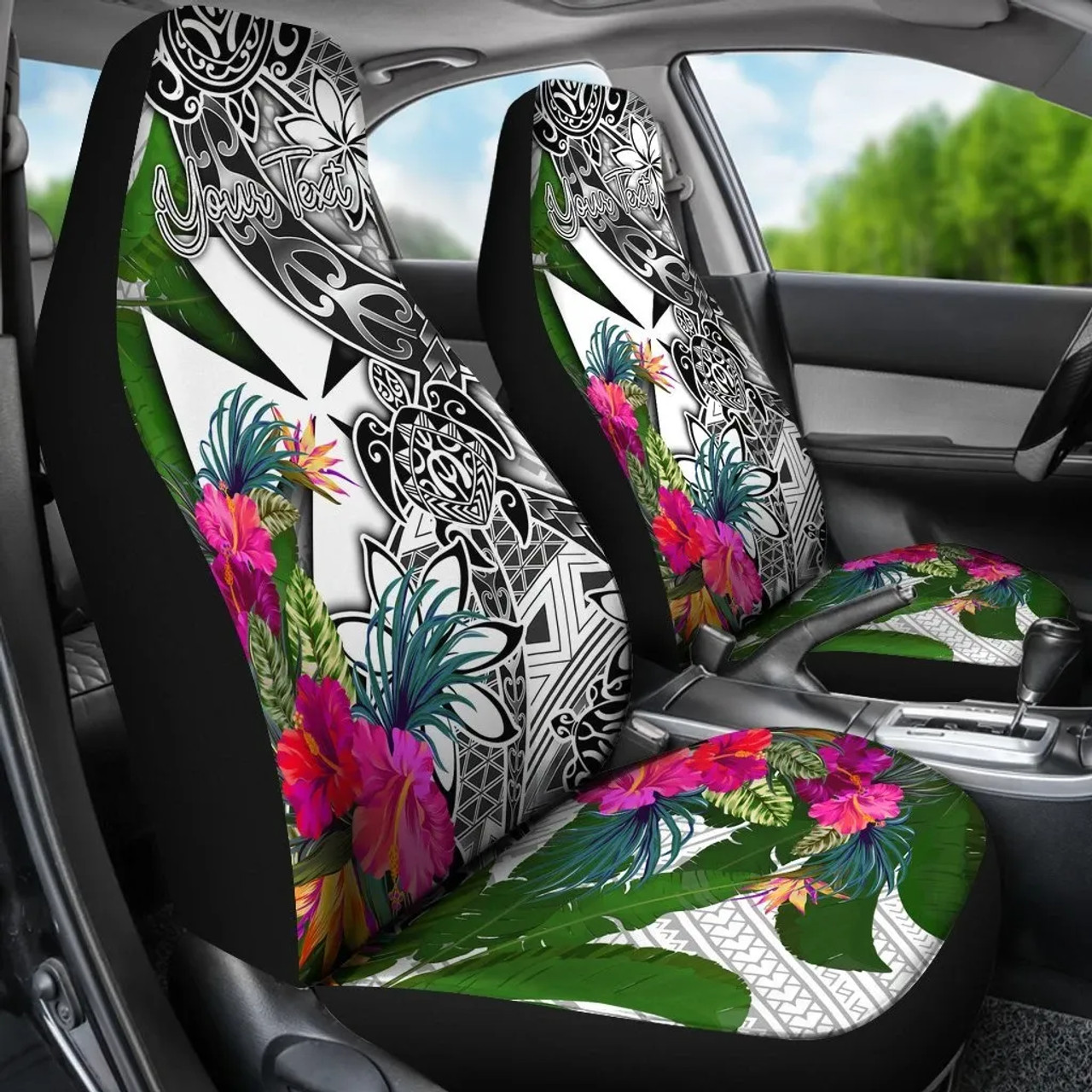 Wallis And Futuna Custom Personalised Car Seat Covers White - Turtle Plumeria Banana Leaf