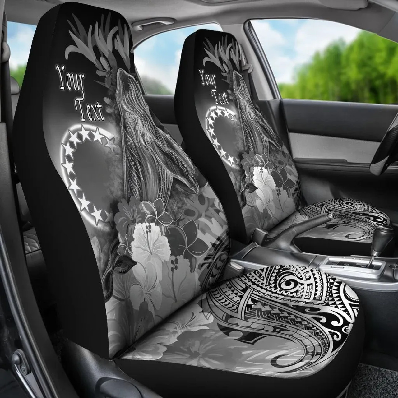 Cook Islands Custom Personalised Car Seat Covers - Humpback Whale with Tropical Flowers (White)
