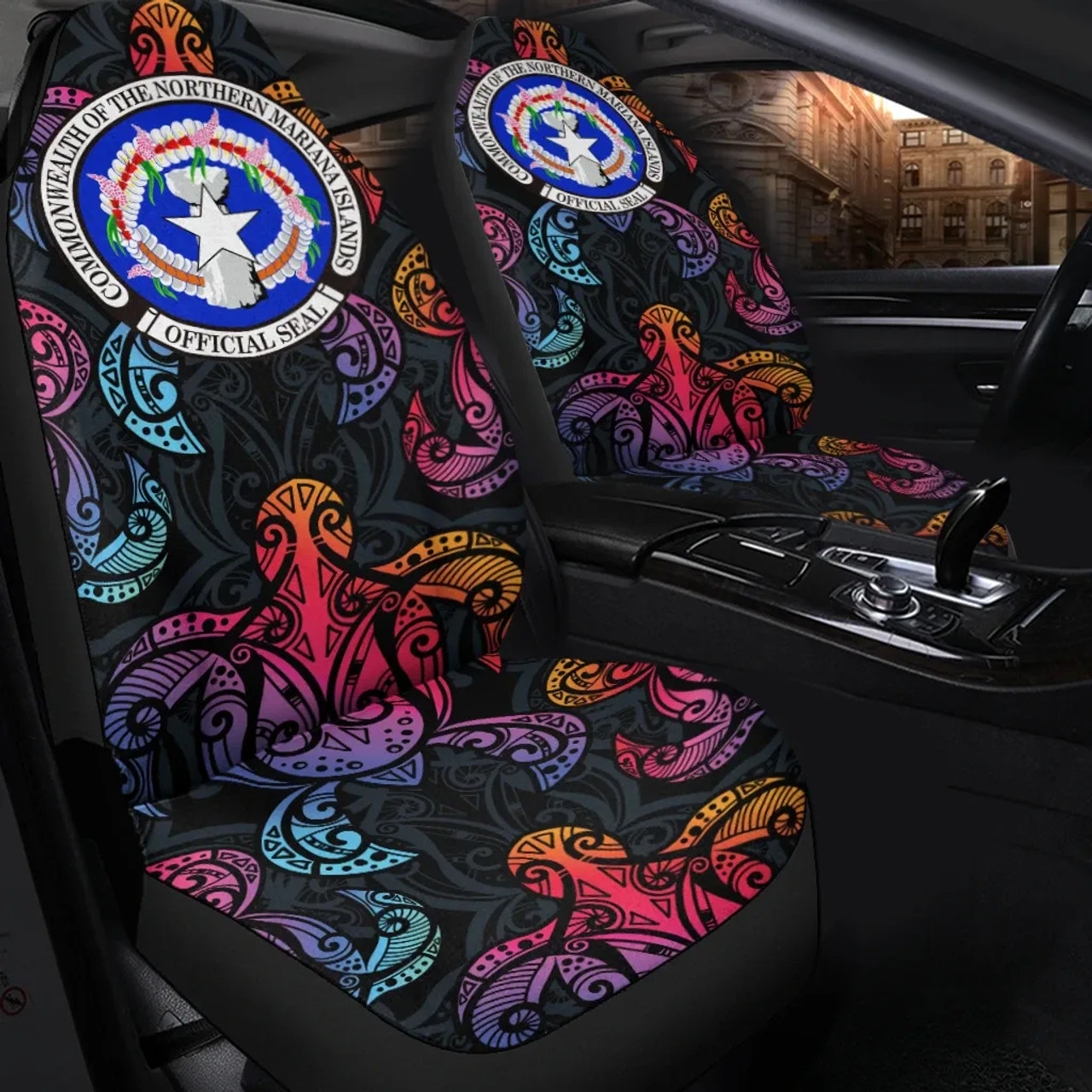 Northern Mariana Islands Car Seat Cover - Sea Turtle In Tribal Polynesian Style