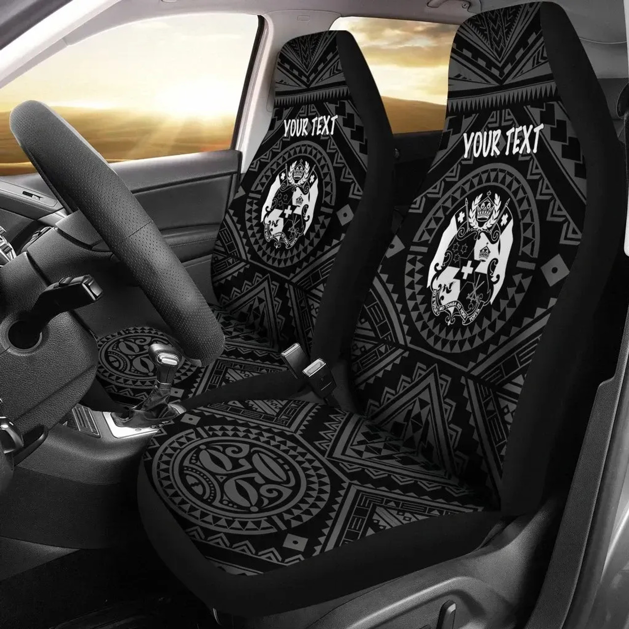Tonga Personalised Car Seat Covers - Tonga Seal With Polynesian Tattoo Style (Black)