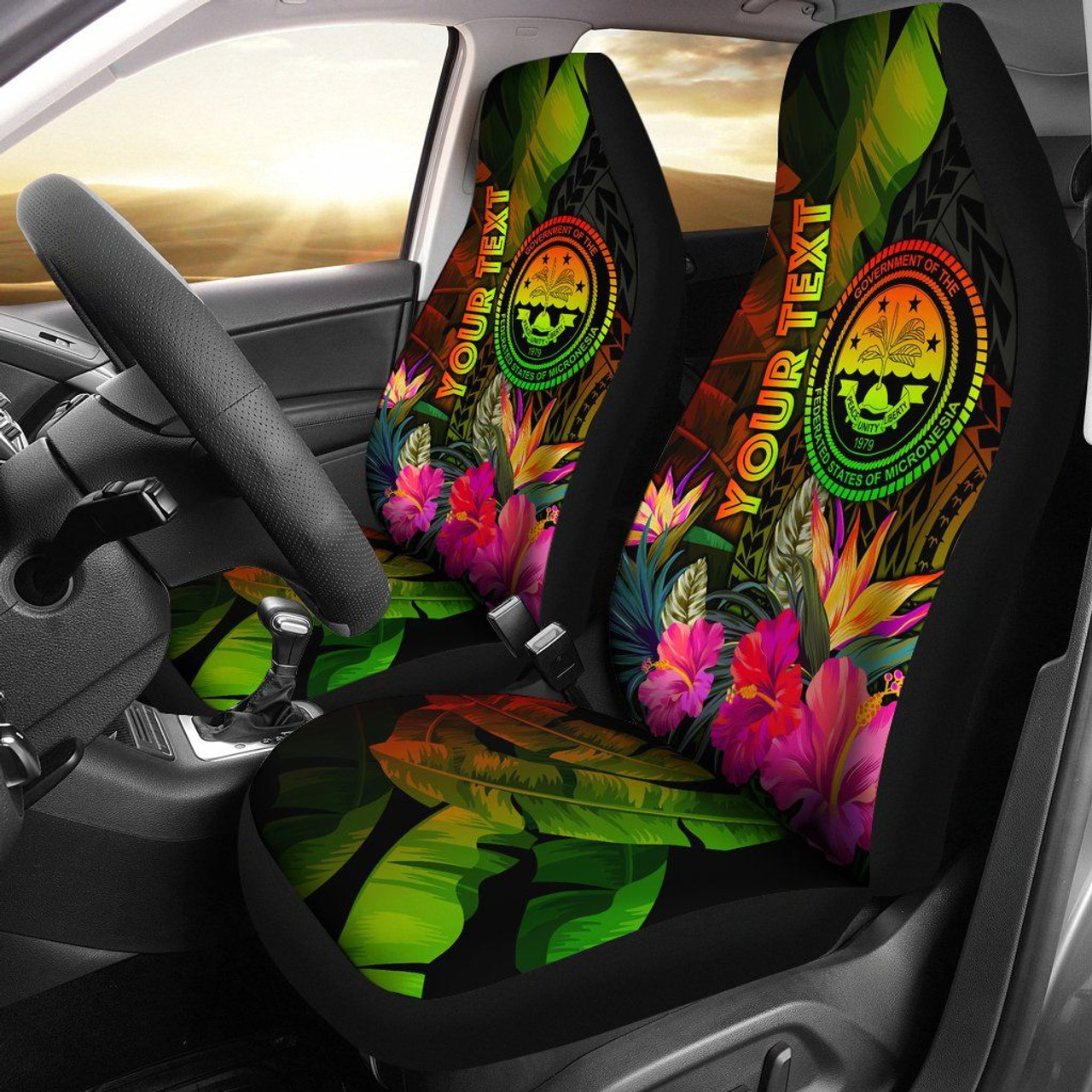 Federated States of Micronesia Polynesian Personalised Car Seat Covers -  Hibiscus and Banana Leaves