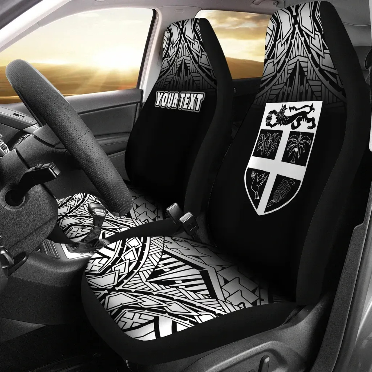 Fiji Tapa Custom Personalised Car Seat Covers - Fiji Flag Polynesian Tattoo Fog Black