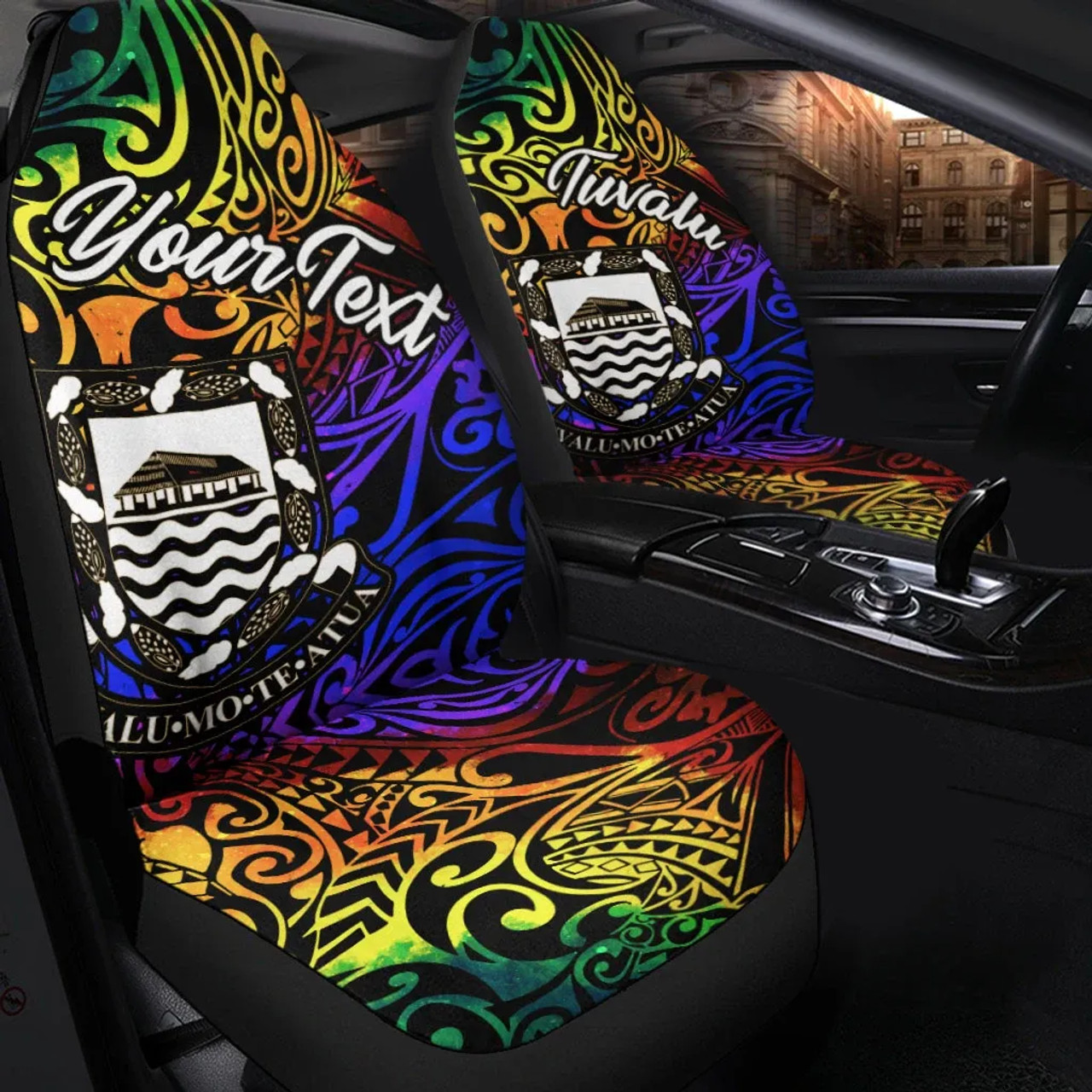 Tuvalu Custom Personalised Car Seat Covers - Rainbow Polynesian Pattern