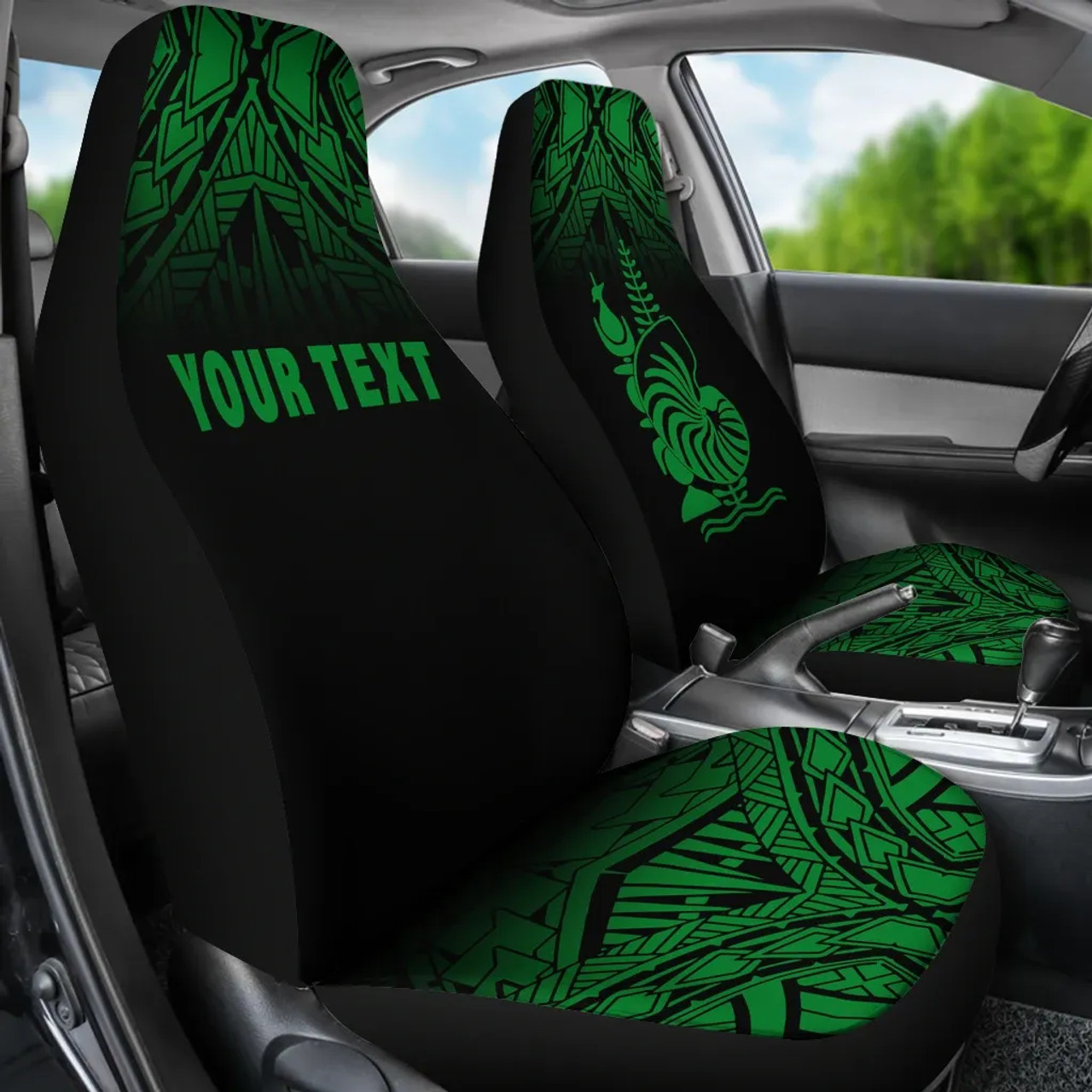 New Caledonia Custom Personalised Car Seat Covers - New Caledonia Coat Of Arms Polynesian Tattoo Fog Green