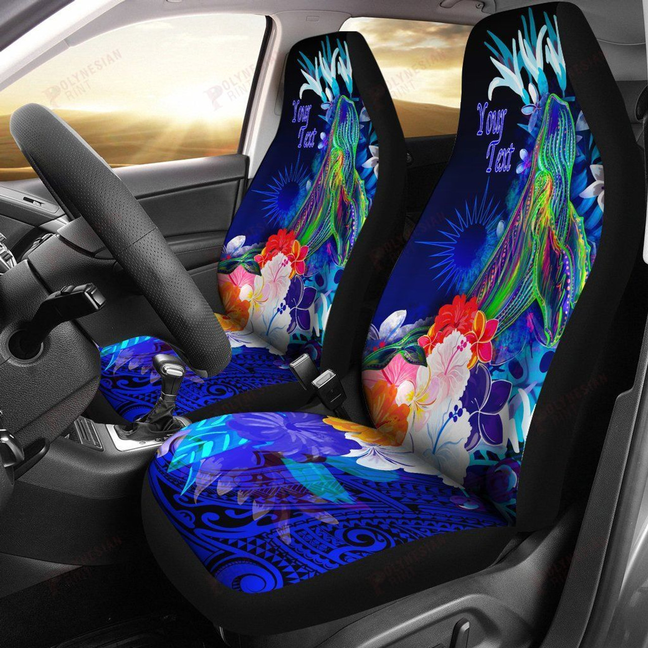 Marshall Islands Custom Personalised Car Seat Covers - Humpback Whale with Tropical Flowers (Blue)