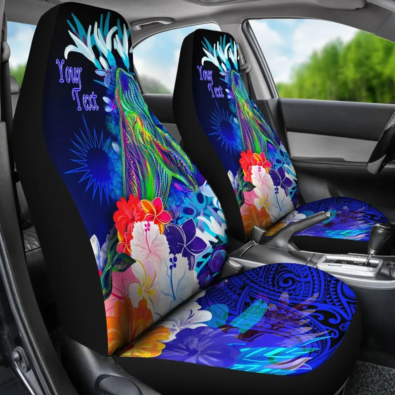 Marshall Islands Custom Personalised Car Seat Covers - Humpback Whale with Tropical Flowers (Blue)