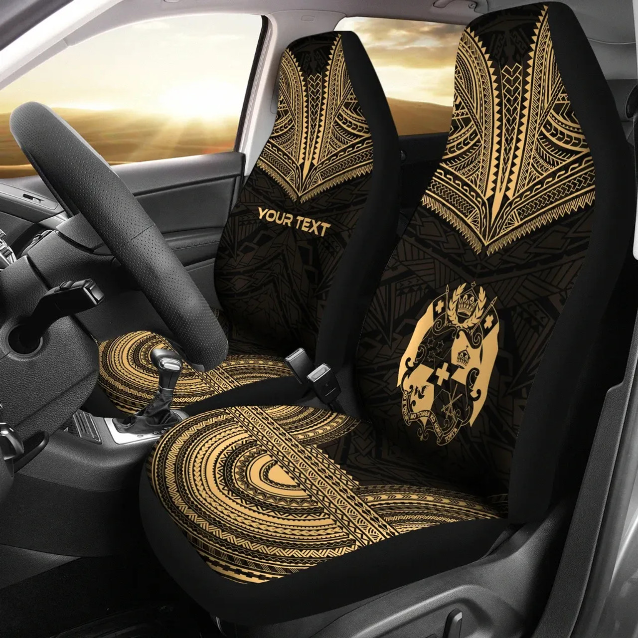 Tonga Custom Personalised Car Seat Cover - Tonga Coat Of Arms Polynesian Chief Tattoo Gold Version