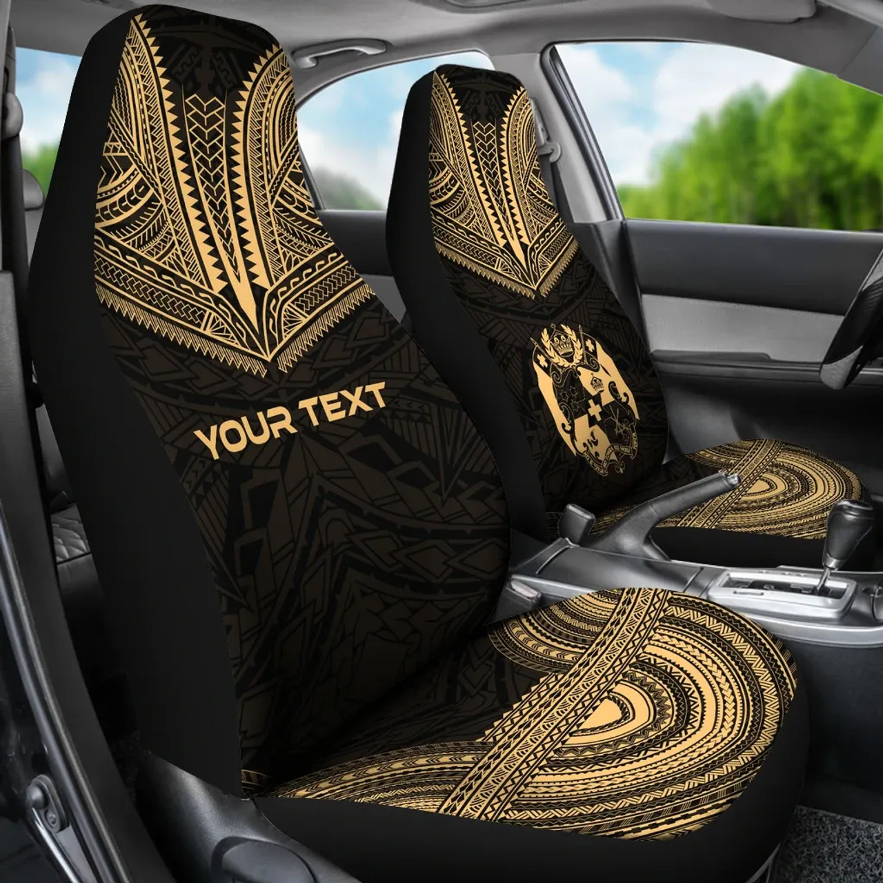 Tonga Custom Personalised Car Seat Cover - Tonga Coat Of Arms Polynesian Chief Tattoo Gold Version