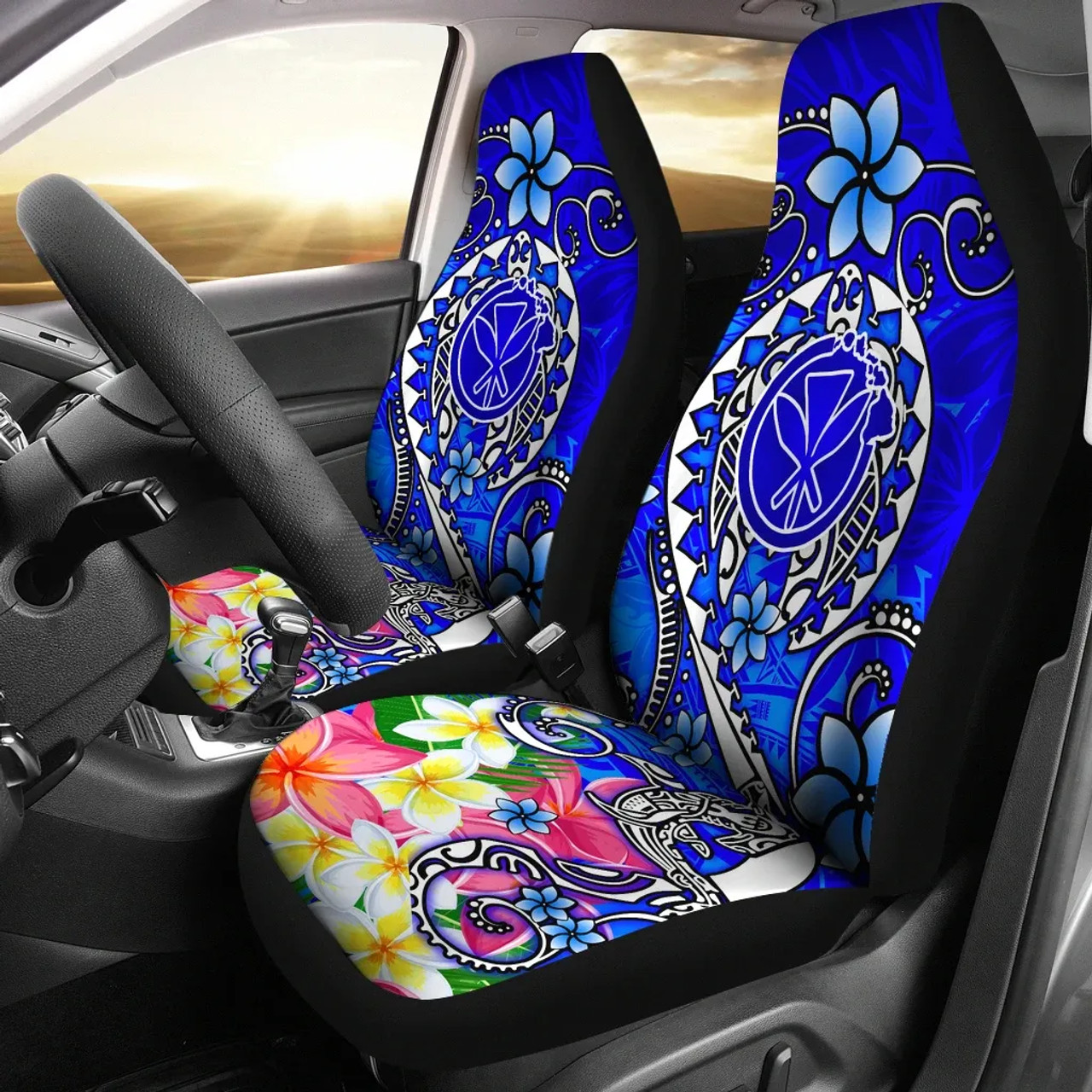 Hawaii Car Seat Covers - Turtle Plumeria Polynesian Tattoo Blue Color