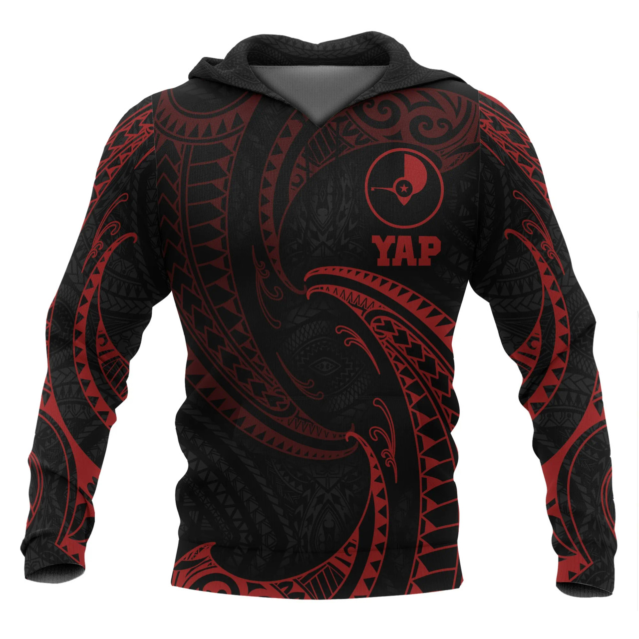 Yap Micronesia ll Over Hoodie - Red Tribal Wave