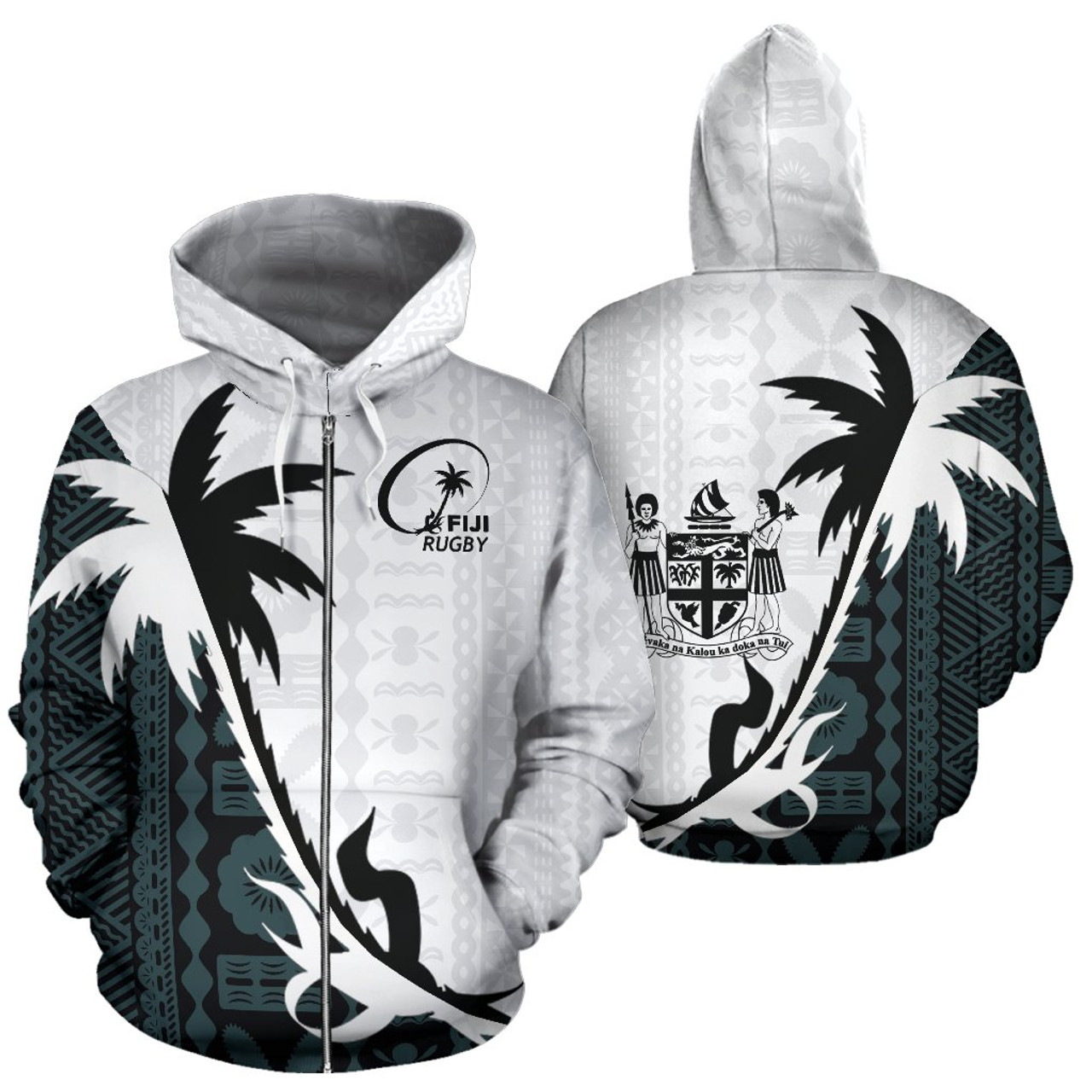Fiji Rugby Tapa Hoodie - Fiji Rugby Coat Of Arms Coconut Tree