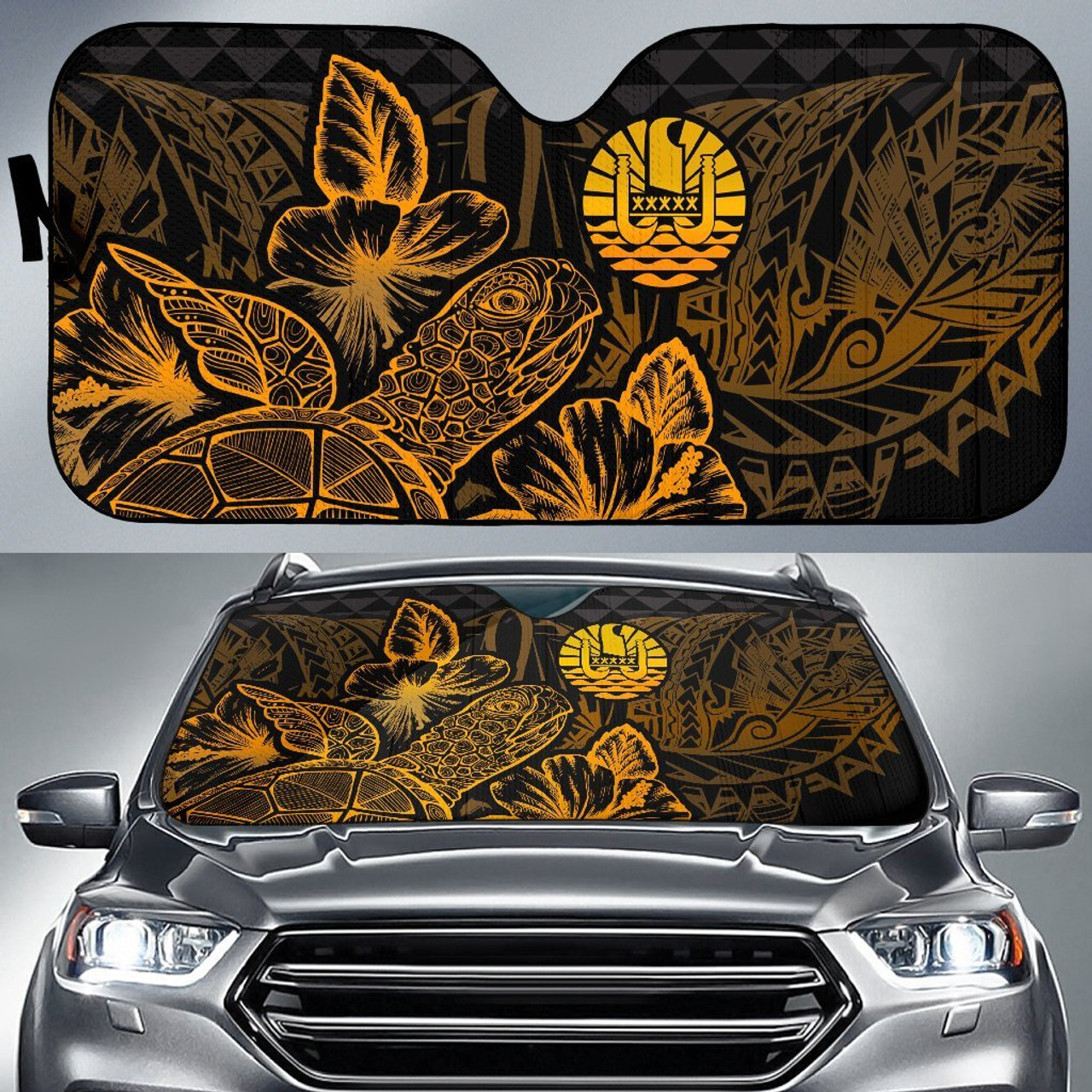 Tahiti Auto Sun Shades Turtle Hibiscus Gold