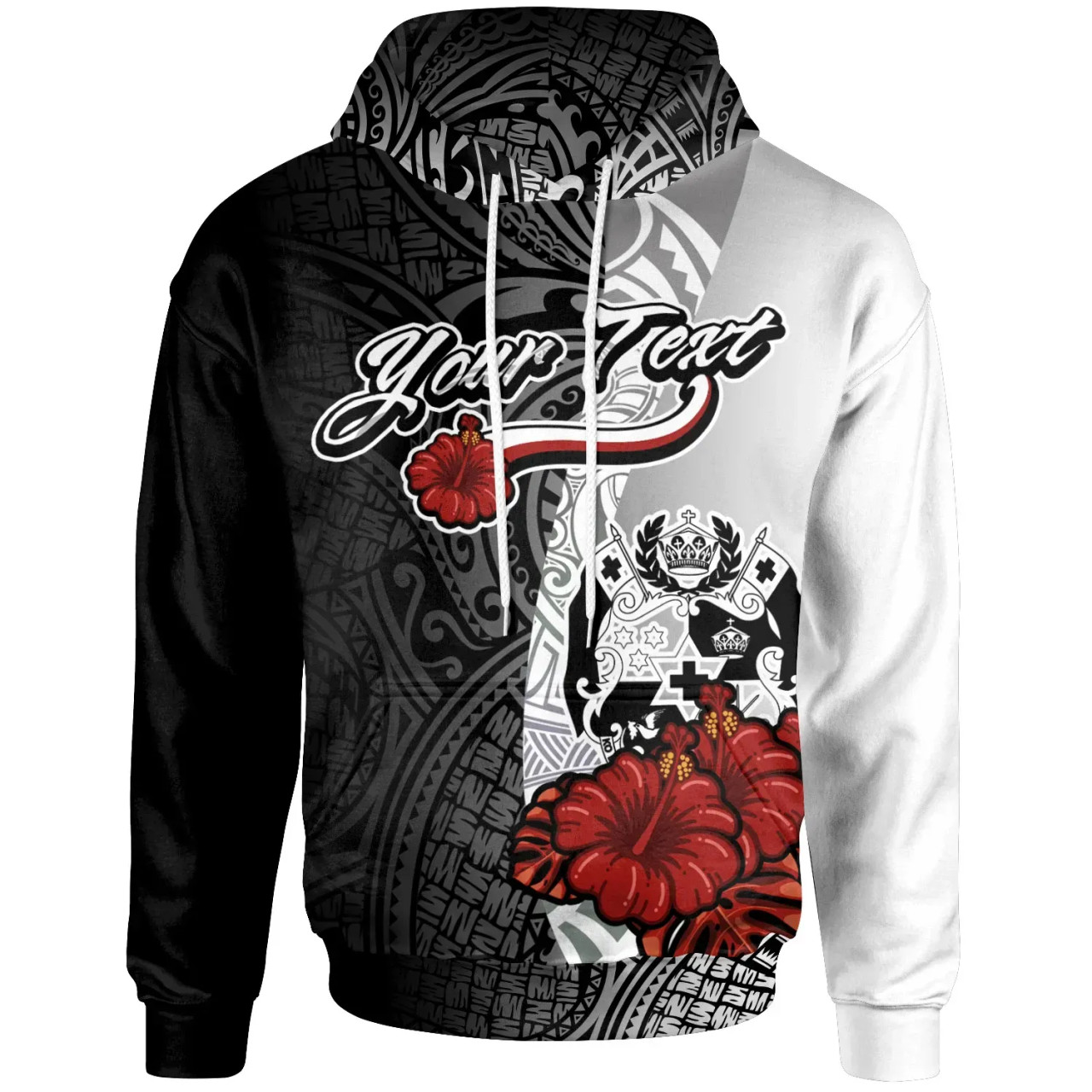 Tonga Polynesian Custom Personalised Hoodie - Coat Of Arm With Hibiscus White