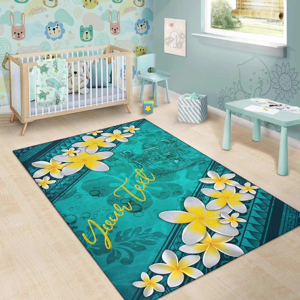 Fiji Polynesian Custom Personalised Area Rug - Plumeria With Blue Ocean Polynesian 6