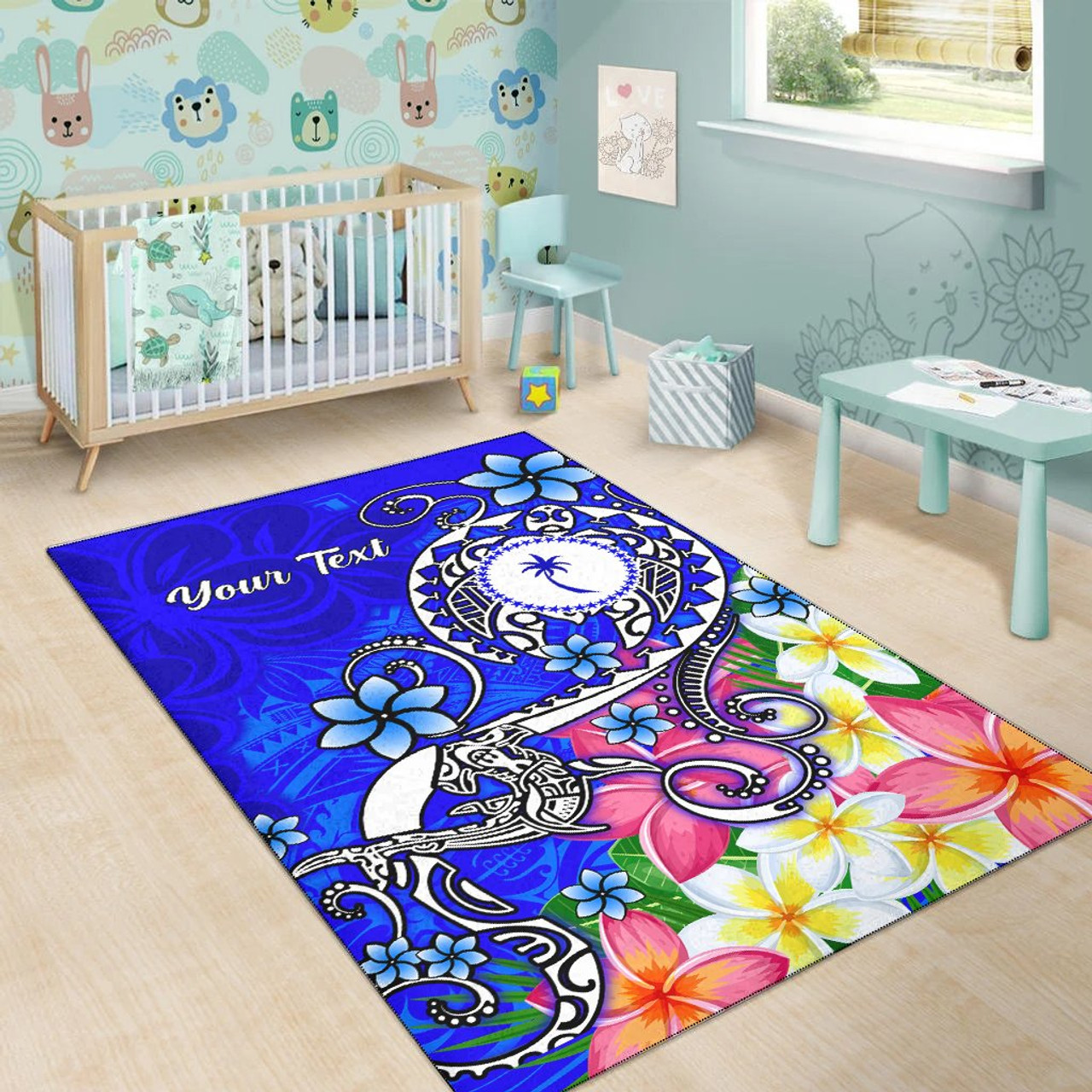 Chuuk Custom Personalised Area Rug - Turtle Plumeria (Blue) Polynesian 3