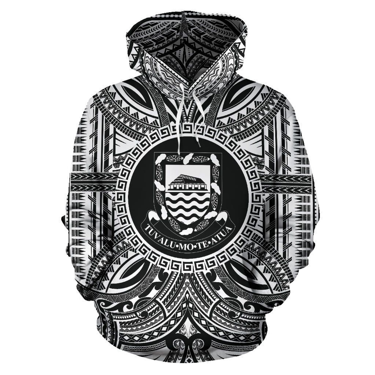 Tuvalu ll Over Hoodie - Tuvalu Coat Of rms Polynesian White Black