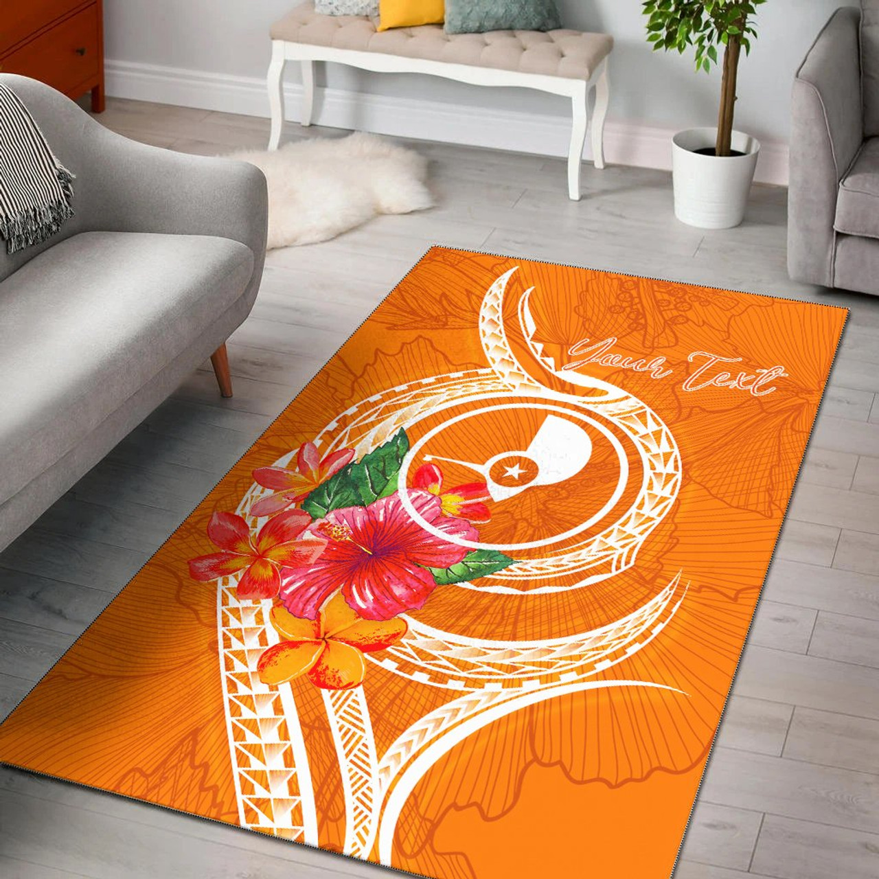 Yap Polynesian Custom Personalised Area Rug - Orange Floral With Seal Polynesian 1
