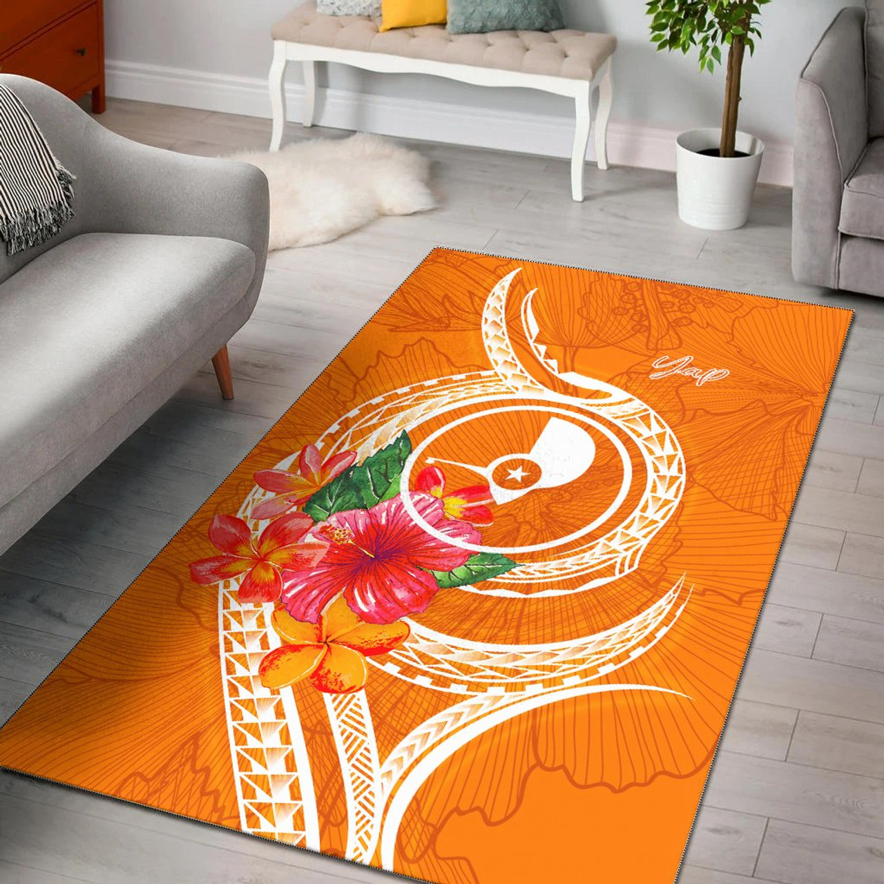 Yap Polynesian Area Rug - Orange Floral With Seal Polynesian 1