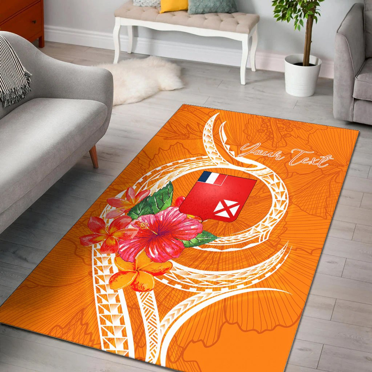 Wallis And Futuna Polynesian Custom Personalised Area Rug - Orange Floral With Seal Polynesian 1