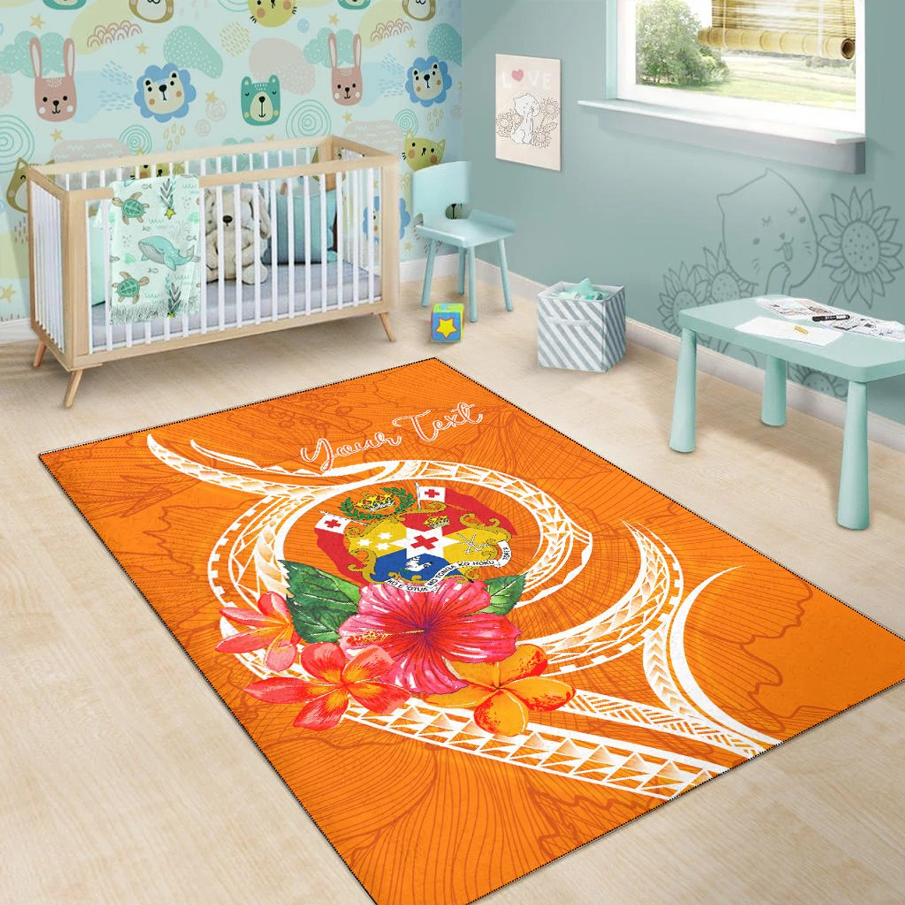 Tonga Polynesian Custom Personalised Area Rug - Orange Floral With Seal Polynesian 6