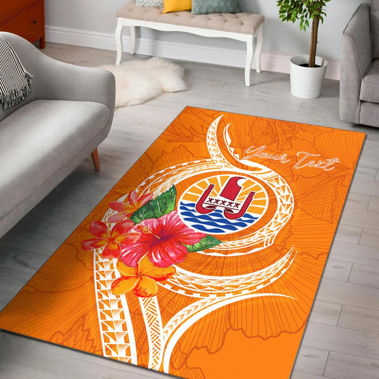 Tahiti Polynesian Custom Personalised Area Rug - Orange Floral With Seal Polynesian 1