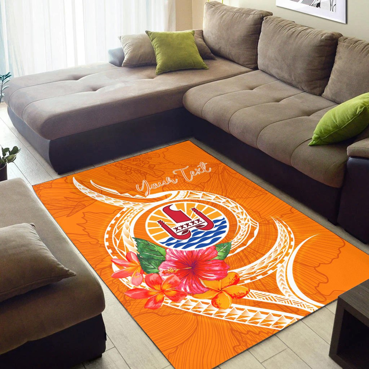 Tahiti Polynesian Custom Personalised Area Rug - Orange Floral With Seal Polynesian 3