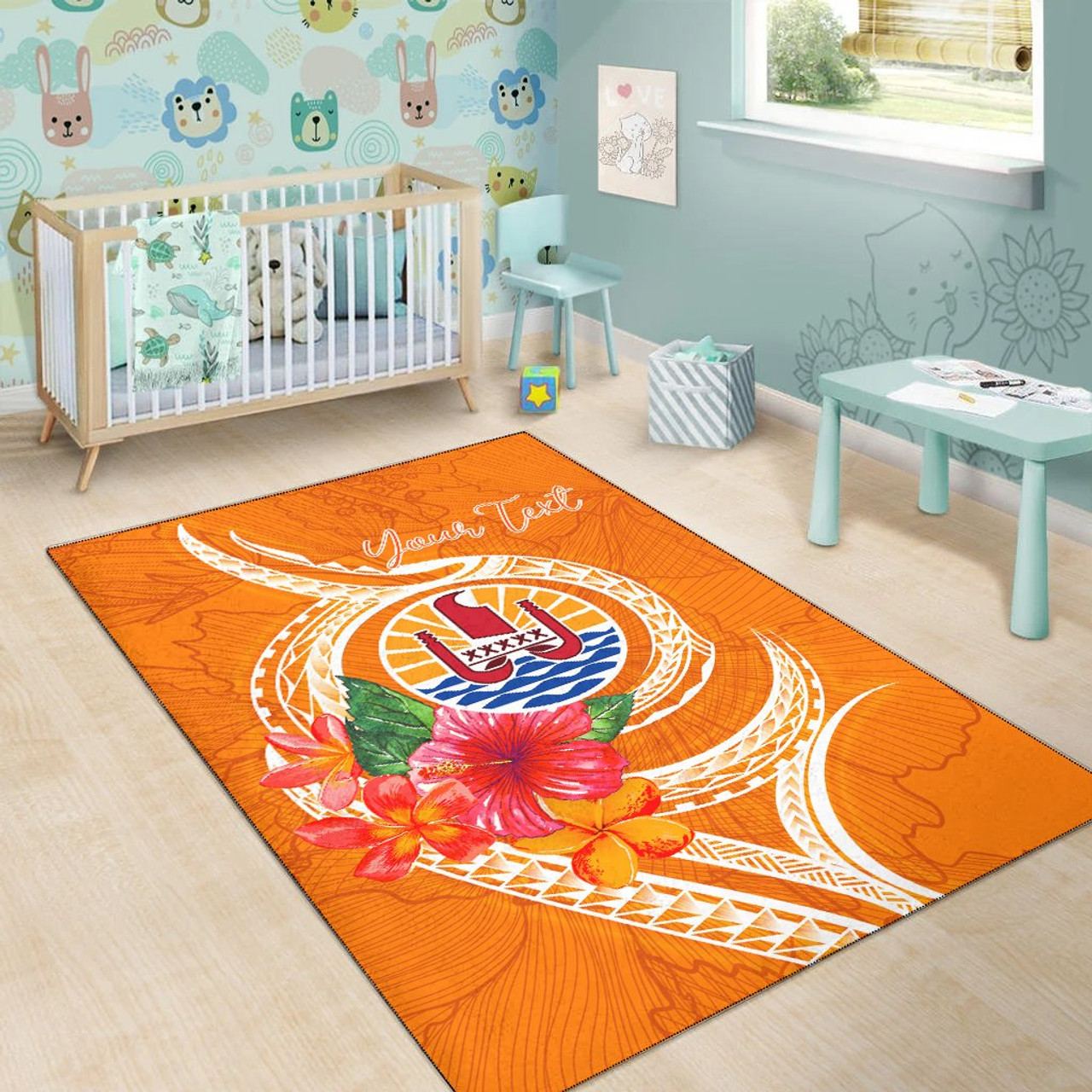 Tahiti Polynesian Custom Personalised Area Rug - Orange Floral With Seal Polynesian 6