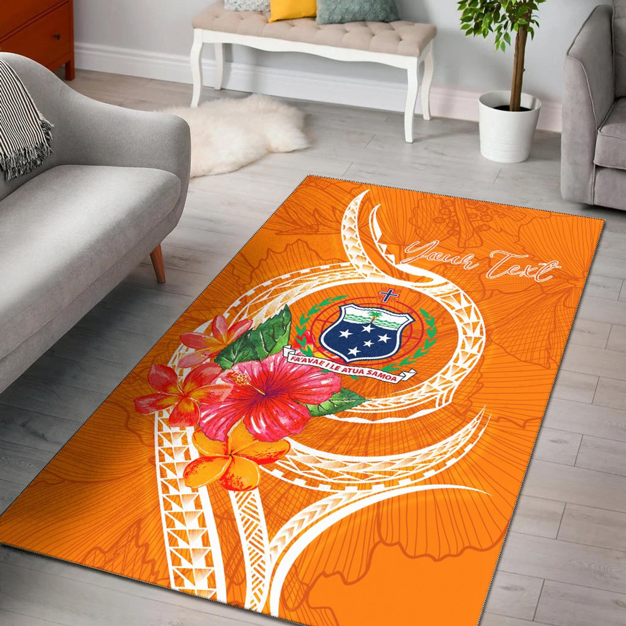 Samoa Polynesian Custom Personalised Area Rug - Orange Floral With Seal Polynesian 1