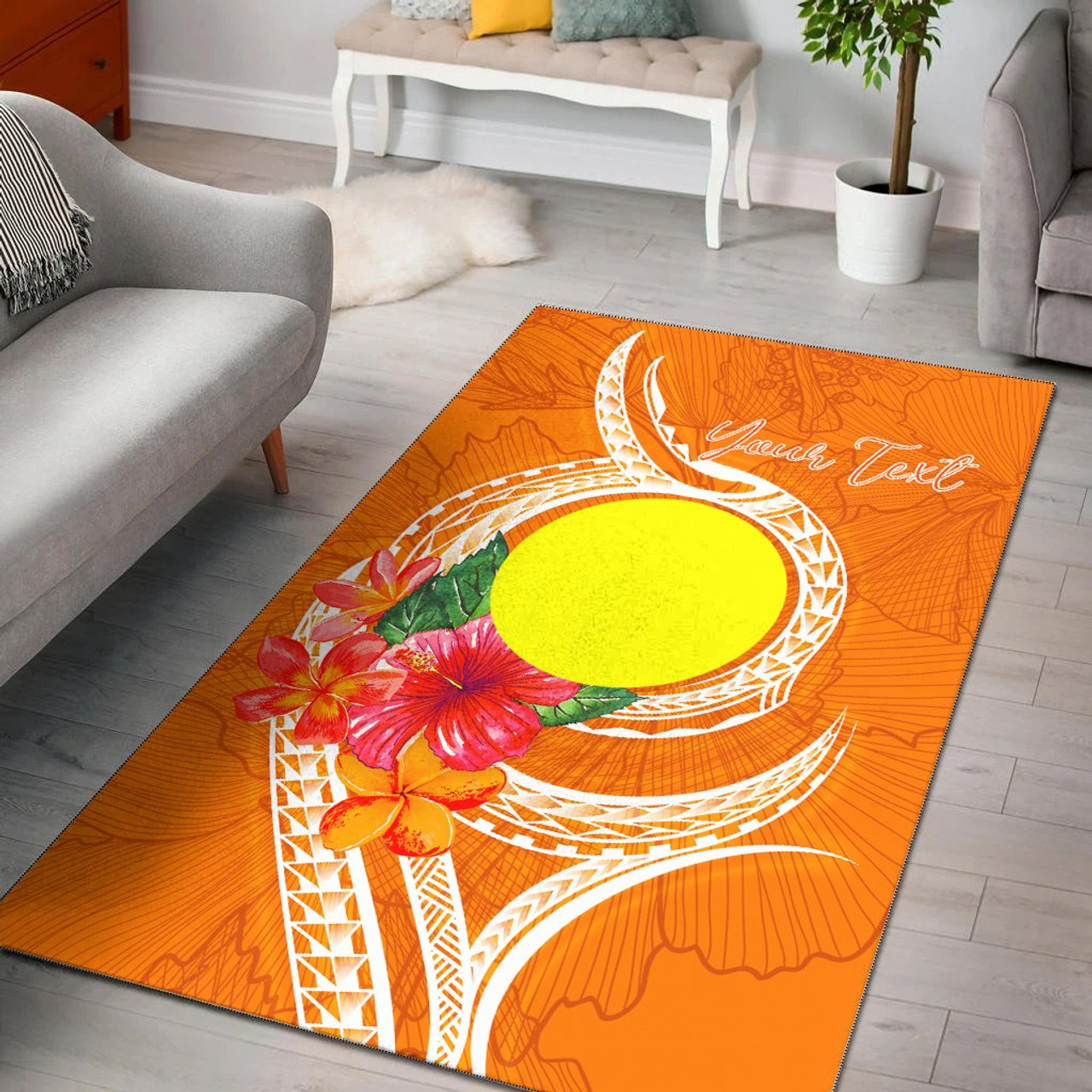 Palau Polynesian Custom Personalised Area Rug - Orange Floral With Seal Polynesian 1