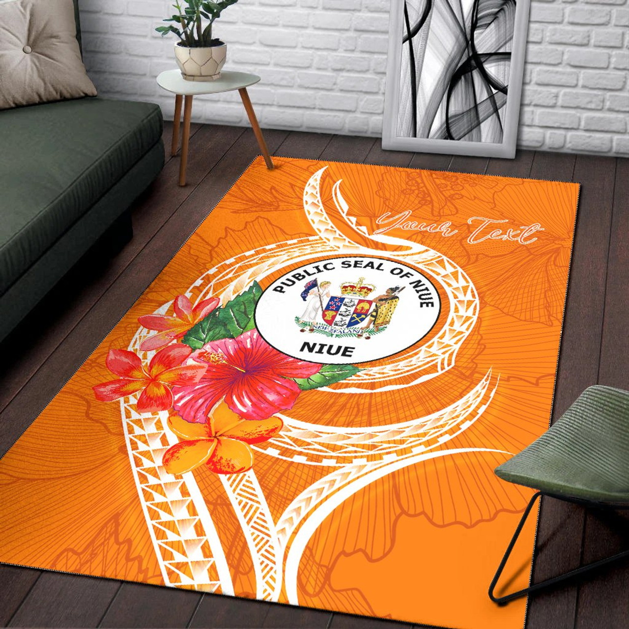 Niue Polynesian Custom Personalised Area Rug - Orange Floral With Seal Polynesian 4