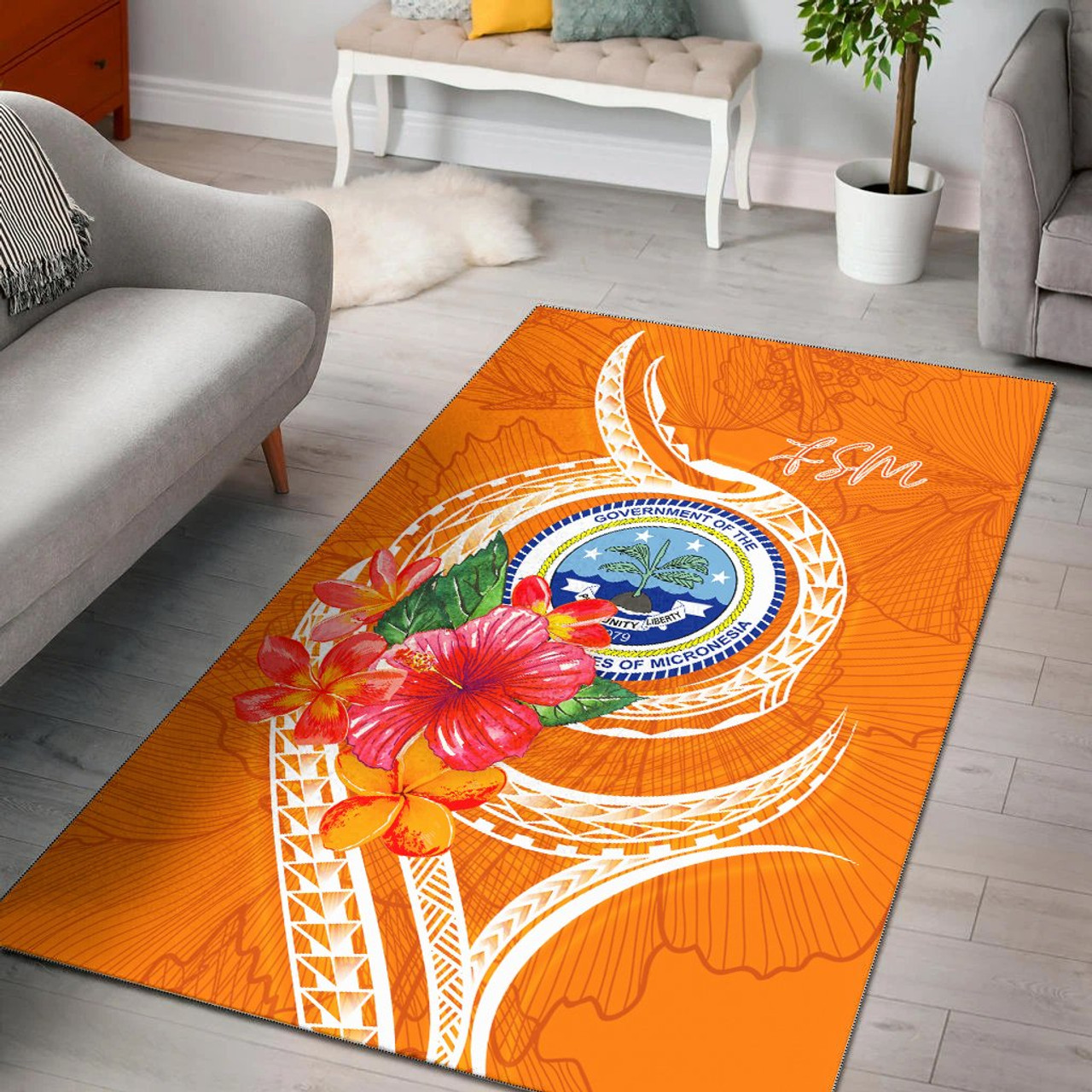 FSM Polynesian Area Rug - Orange Floral With Seal Polynesian 1