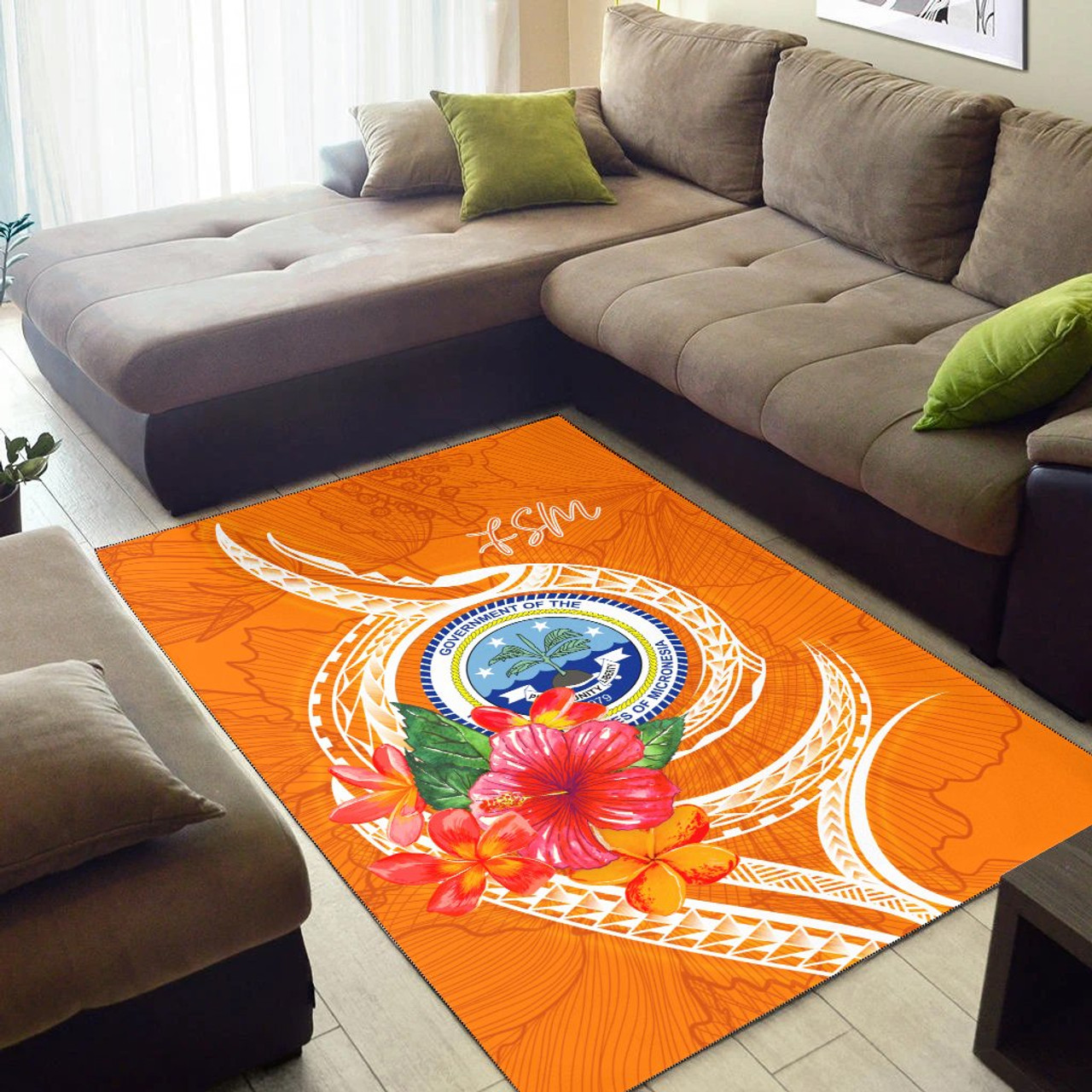 FSM Polynesian Area Rug - Orange Floral With Seal Polynesian 3