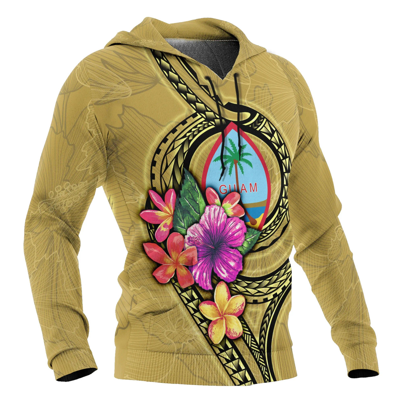 Guam Polynesian ll Over Hoodie - Floral With Seal Gold