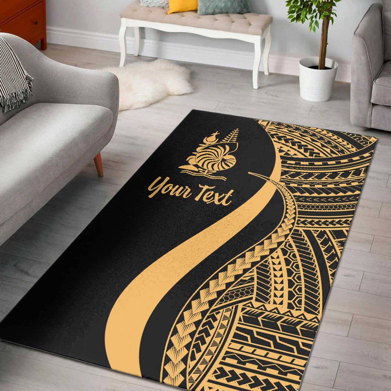 New Caledonia Custom Personalised Area Rug - Gold Polynesian Tentacle Tribal Pattern Polynesian 1