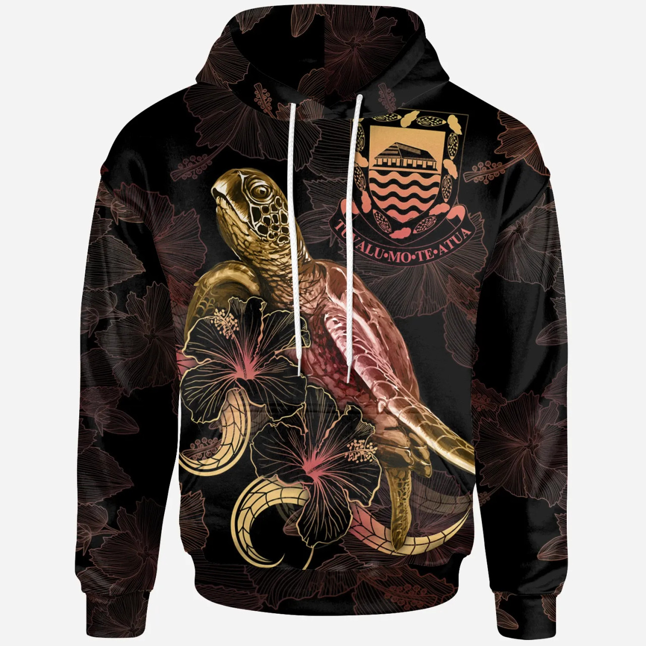 Tuvalu Polynesian Hoodie - Turtle With Blooming Hibiscus Gold